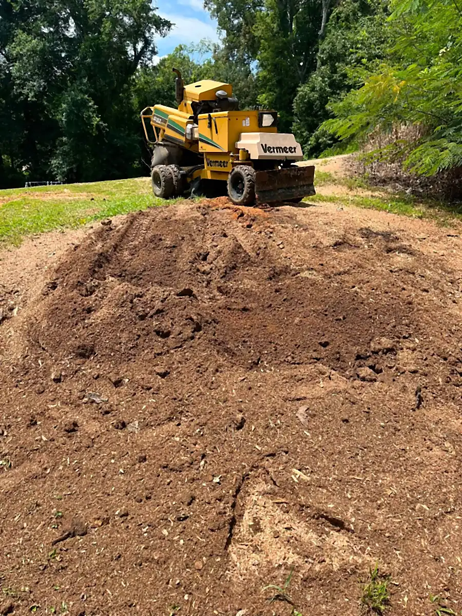 Vermeer SC352 stump grinder standing on a mound of fresh grindings, backfill blade forward