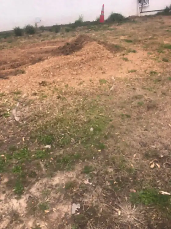 Large ground-out area in a back yard beside a basketball hoop